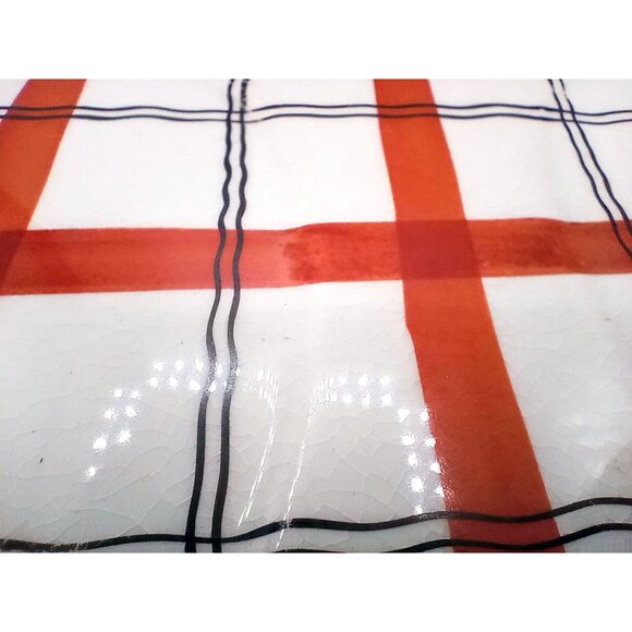 Red Plaid Serving Tray Takito Company Vintage Hand Painted Japan 10.25 In Crazed - Picture 5 of 16